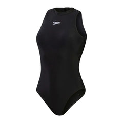 Speedo women's Hydrasuit swimsuit in black and white, featuring a sleek, fitted design for swimming and water activities.