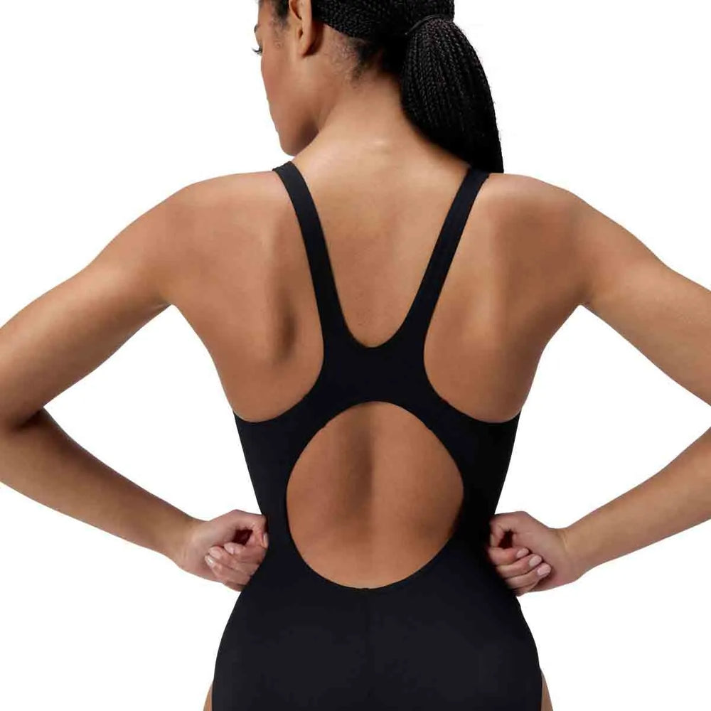 Speedo Women's HyperBoom Muscleback Swimsuit in Alfalfa Green, designed for swimming and water sports, with a sleek muscleback style.