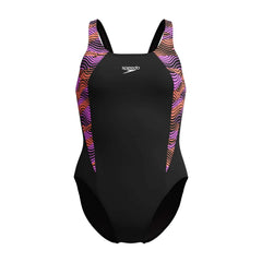 Speedo Women's HyperBoom Splice Muscleback Swimsuit in black, purple, and pink, featuring a sleek design for competitive swimming.