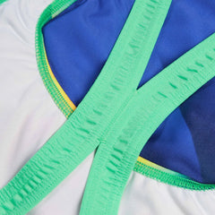 Speedo women's placement digital powerback swimsuit in True Cobalt and Harlequin Green, featuring sleek design and sporty fit.