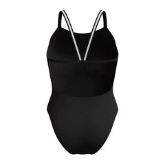 Speedo women's Vanquisher active back swimsuit in black and silver, featuring a sleek design and supportive fit for swimming.
