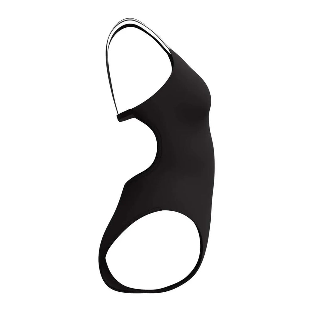 Speedo women's Vanquisher active back swimsuit in black and silver, featuring a supportive design for swimming and water activities.