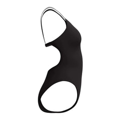Speedo women's Vanquisher active back swimsuit in black and silver, featuring a supportive design for swimming and water activities.