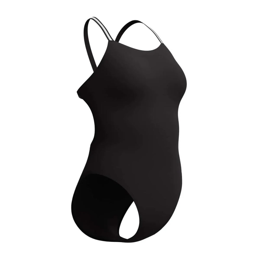 Black and silver Speedo Women's Vanquisher Active Back swimsuit, designed for swimming and active water sports.