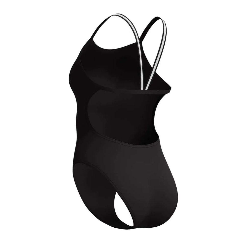Speedo women's Vanquisher Active Back swimsuit in black and silver, featuring a sleek design and supportive fit for swimming.