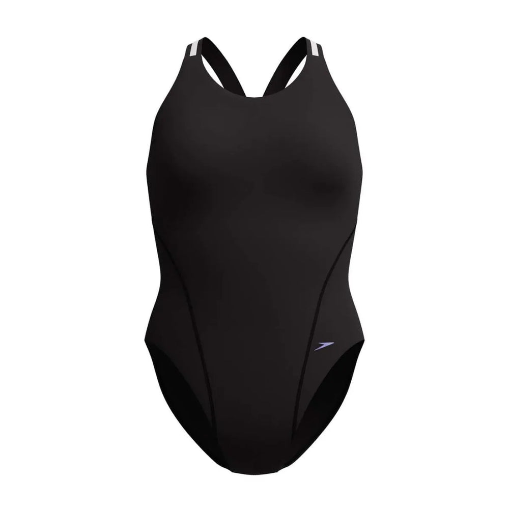 Speedo Women's Vanquisher performance back swimsuit in black and silver, designed for competitive swimming and sleek fit.