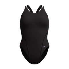 Speedo Women's Vanquisher performance back swimsuit in black and silver, designed for competitive swimming and sleek fit.