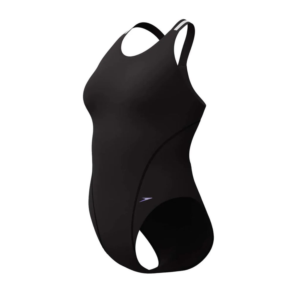 Speedo women's Vanquisher performance back swimsuit in black and silver, designed for competitive swimming.