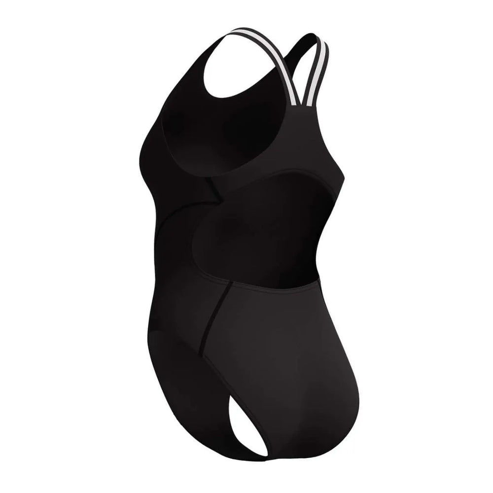 Speedo Women's Vanquisher performance back swimsuit in black and silver, designed for competitive swimming.