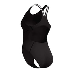 Speedo Women's Vanquisher performance back swimsuit in black and silver, designed for competitive swimming.