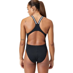 Speedo Women's Vanquisher performance back swimsuit in black and silver, with sleek design and supportive fit for competitive swimming.