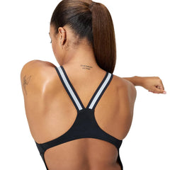 Speedo women's Vanquisher performance back swimsuit in black and silver, featuring a sleek athletic design for swimming.