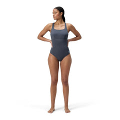 Speedo women's Flex Band swimsuit with integrated swim bra in grey lead, featuring a sleek, supportive design for active swimming.