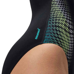 Speedo women's turquoise Gem Hydrasuit swimsuit with sleek, fitted design and placement pattern for active swimming and water sports.