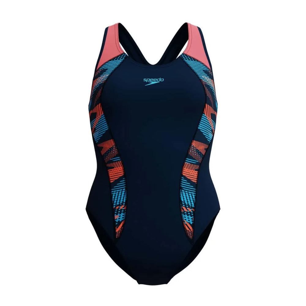 Speedo women's navy placement laneback swimsuit with sleek design, ideal for swimming and water activities.