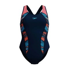Speedo women's navy placement laneback swimsuit with sleek design, ideal for swimming and water activities.