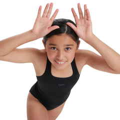 Speedo girls' Eco Endurance+ Medalist swimsuit in vibrant blue, featuring a sleek design and comfortable fit for young swimmers.