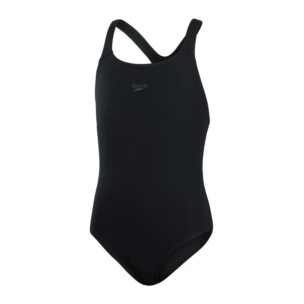 Speedo girls Eco Endurance+ Medalist swimsuit in pink with colorful patterns, designed for young swimmers.