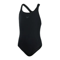 Speedo girls Eco Endurance+ Medalist swimsuit in pink with colorful patterns, designed for young swimmers.