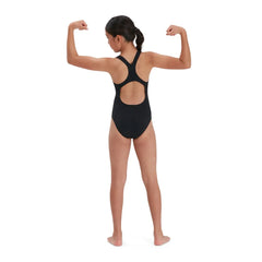 Speedo girls' Eco Endurance+ Medalist swimsuit in vibrant pink, featuring a sleek design for young swimmers.