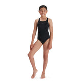 Speedo girls Eco Endurance+ Medalist swimsuit featuring a colorful, stylish design for young swimmers, made with durable, eco-friendly fabric.