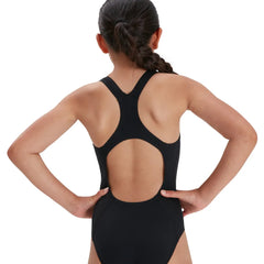 Speedo girls' Eco Endurance+ Medalist swimsuit for ages 4+, featuring a vibrant design and comfortable fit.