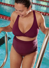 Speedo women's maternity high-waisted 2-piece swimsuit in purple, designed for comfortable swimming and support.