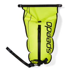 Yellow and black Speedo OW Tow Float with dry bag, designed for swimming safety and visibility during water activities.