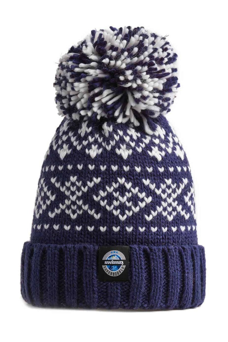 Swimzi navy Nordic knit super bobble hat in blue with a cozy, textured design, perfect for cold weather.