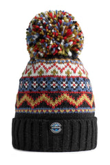 Swimzi Simon Wilson Fairisle Knit Reflective Super Bobble Hat in multi-colored pattern, cozy knit with large safety reflectiveness.