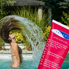 Triswim Shampoo 250ml in red bottle, self-care and recovery hair product with blue and white label featuring Triswim branding