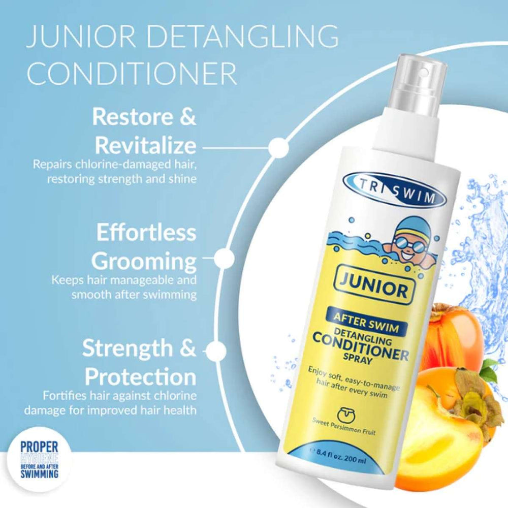 Triswim Junior detangling conditioner spray in 200ml with sweet persimmon scent, featuring a spray bottle and colorful packaging.