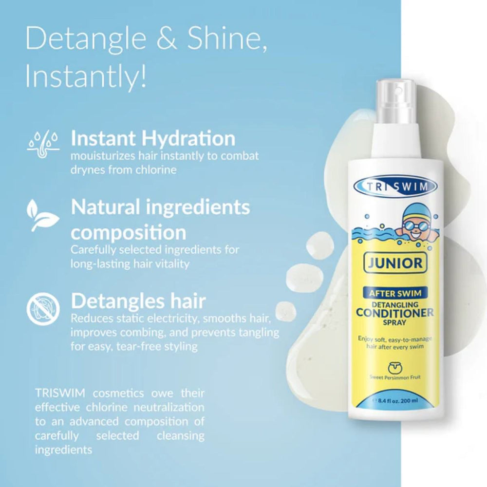 Triswim Junior detangling conditioner spray in 200ml with sweet persimmon fruit scent, shown in a clear spray bottle.