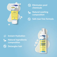 Triswim Junior Sweet Persimmon Detangling Conditioner Spray 200ml, featuring a colorful spray bottle and playful packaging.