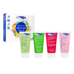 Triswim After Swim Care travel set with body and hair products in white, designed for self-care and recovery after swimming.
