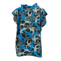 TWF kids hooded towel robe in navy with shark design, made of soft, absorbent material for drying after swimming or bath.