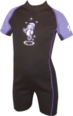 TWF Kids Seahorse 2mm shortie wetsuit in black and purple, designed for young children, with a snug fit for summer water activities.