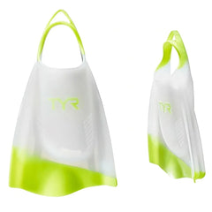 Clear TYR Hydroblade fins, lightweight swim fins with adjustable foot pockets, designed for efficient swimming and training.
