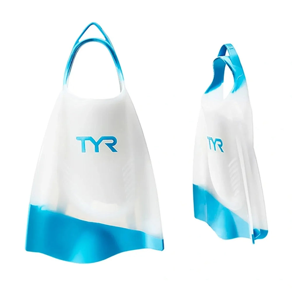 Clear TYR Hydroblade fins for swimming and training, featuring lightweight, flexible design with adjustable foot pockets.