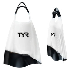 Clear TYR Hydroblade fins for swimming and training, featuring a sleek design with adjustable foot pockets for a secure fit.
