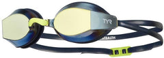 TYR Blackops 140 EV racing goggles with mirrored gold and navy lenses, designed for competitive swimming.