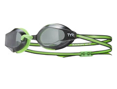 TYR Junior Blackops 140 EV racing goggles with smoke, green, and black lenses, designed for competitive swimming.