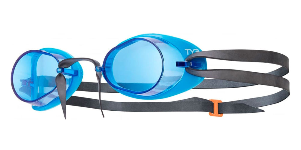 Blue TYR Socket Rockets 2.0 swimming goggles with adjustable straps and clear lenses, designed for comfortable fit and visibility.