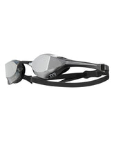 TYR Tracer-X Elite Racing mirrored black goggles with sleek design and adjustable strap for competitive swimming.