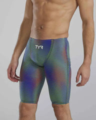 TYR men's Avictor 2.0 Luminis jammer in electric lime, close-up of sleek swimwear design and vibrant color.