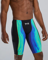 TYR men's Shockwave Volconyx high-waisted swim jammers in lime and navy, designed for competitive swimming.