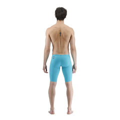 TYR men's Venzo low-waisted swim jammer in aqua, designed for competitive swimming with a sleek, form-fitting fit.