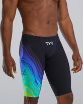 TYR men's Venzo Volconyx low-waisted swim jammers in lime and navy, designed for competitive swimwear and performance.