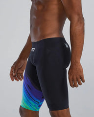 TYR men's Venzo Volconyx low waisted swim jammers in lime and navy, featuring a sleek design for competitive swimming.