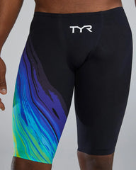 TYR men's Venzo Volconyx low-waisted swim jammers in lime and navy, designed for competitive swimming.